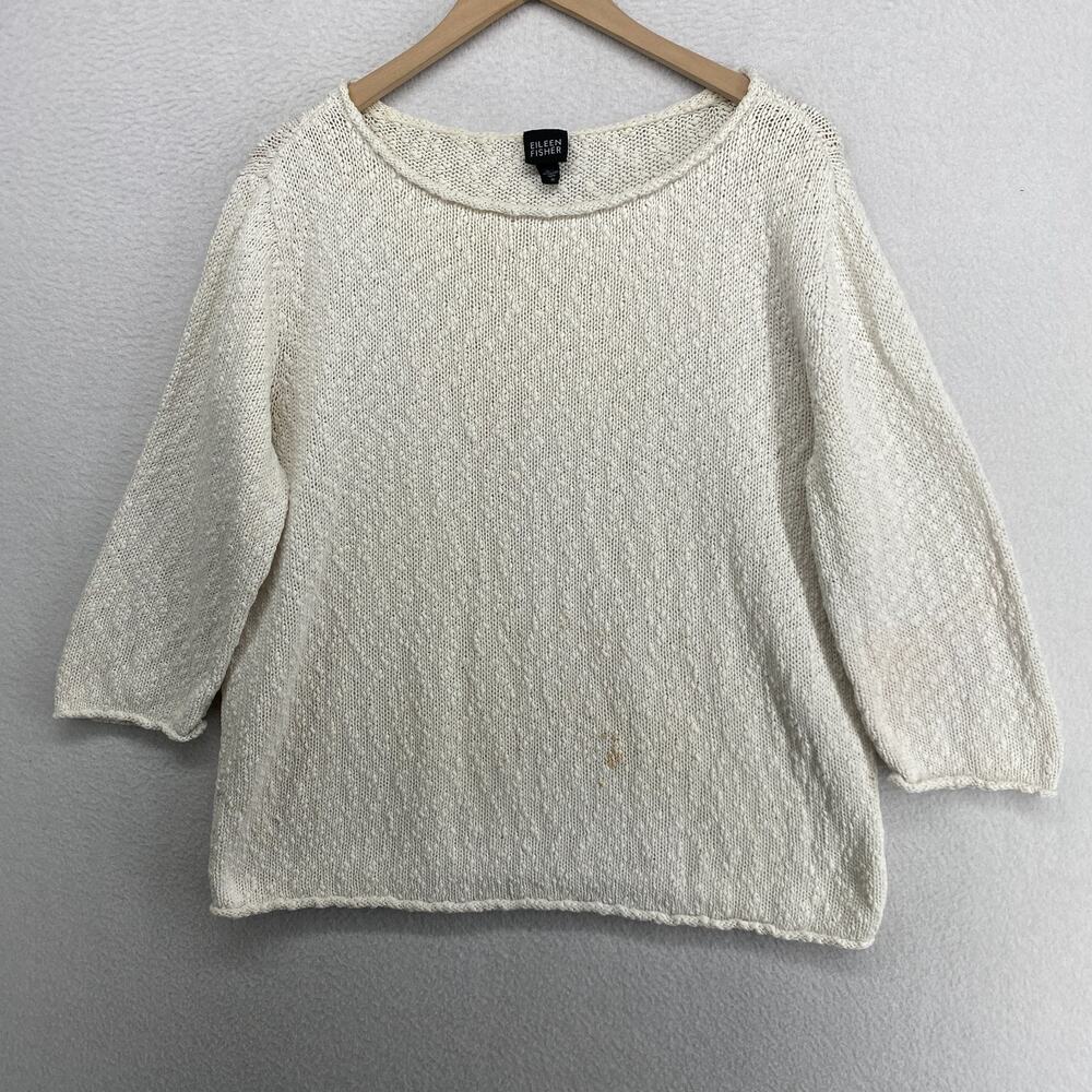 EILEEN FISHER Sweater M Cotton Slub Long Sleeve Boat Neck Pullover Off White